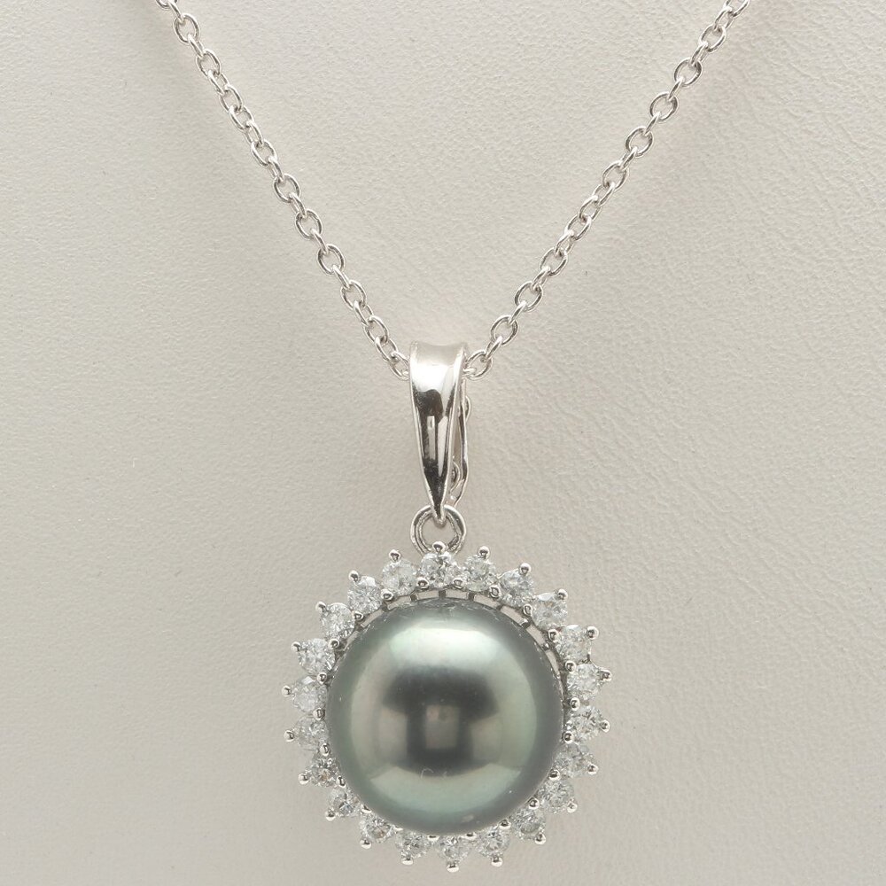 0.58 Ct Natural 11.97 mm Tahitian Pearl & Diamond 14K Solid White Gold Pendant